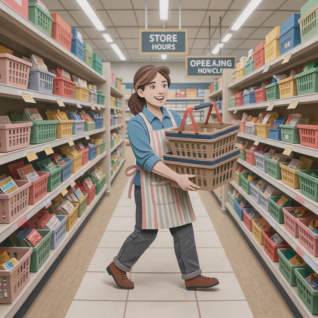 Illustration of one store clerk in a work apron carrying a stack of empty shopping baskets, in a bright supermarket aisle, during opening hours (paper cut-out)