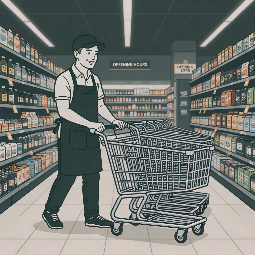 接客のスーパーでカートをまとめて押す店員のイラスト（シンプル線画）