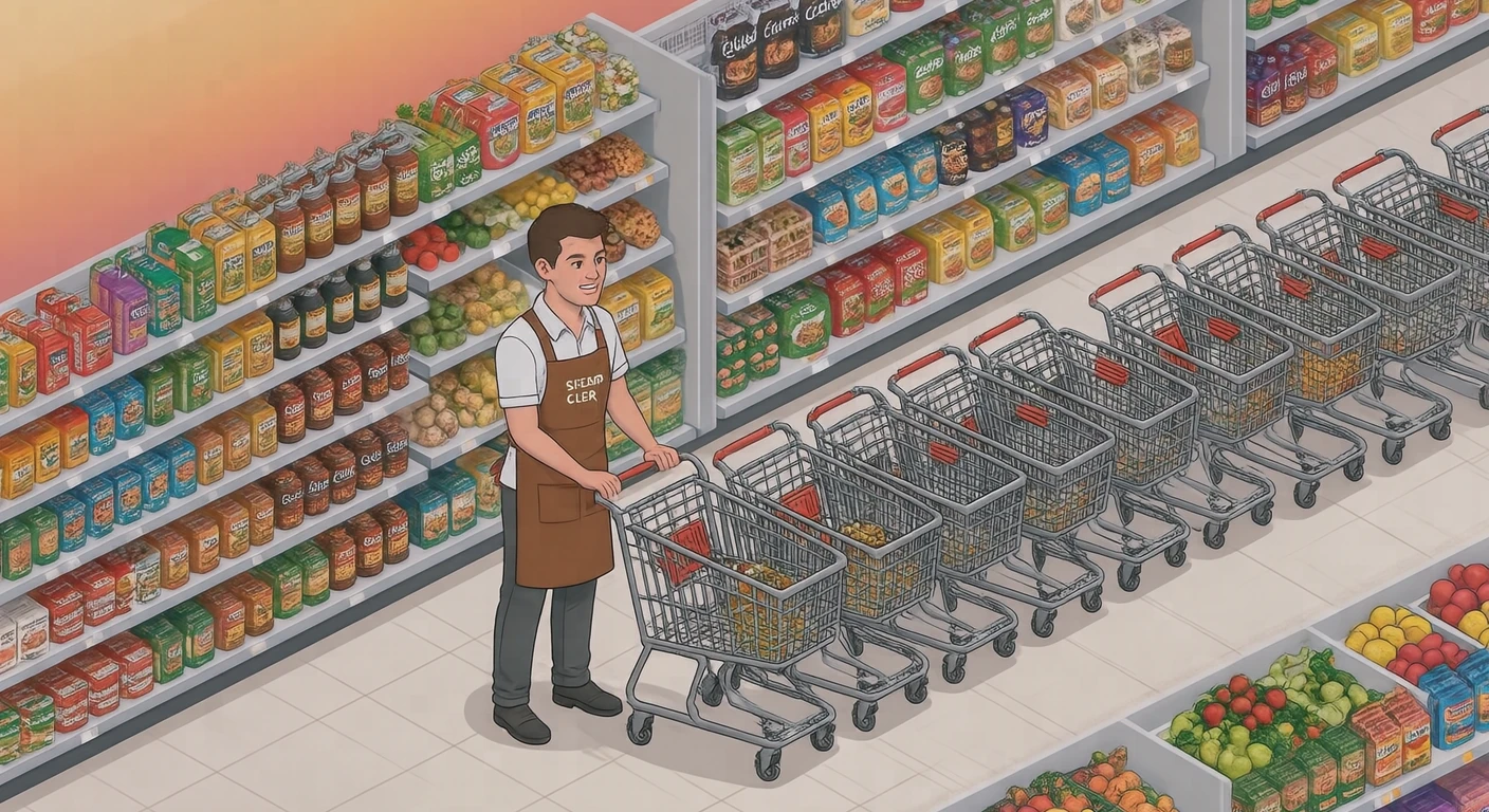接客のスーパーでカートをまとめて押す店員のイラスト（アイソメトリック）