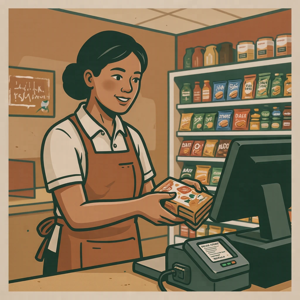 Illustration of one store clerk in a work apron standing at the checkout and passing an item over the scanner, in a small convenience store, during opening hours (bold graphic)