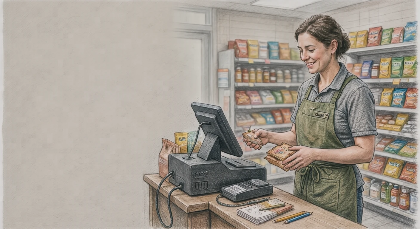 接客のコンビニでレジで商品を通す店員のイラスト（色鉛筆）