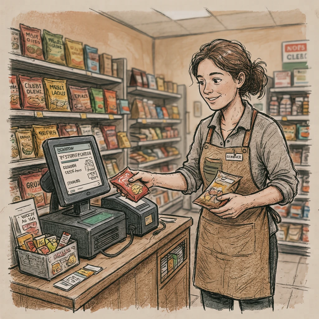 接客のコンビニでレジで商品を通す店員のイラスト（手描き風）