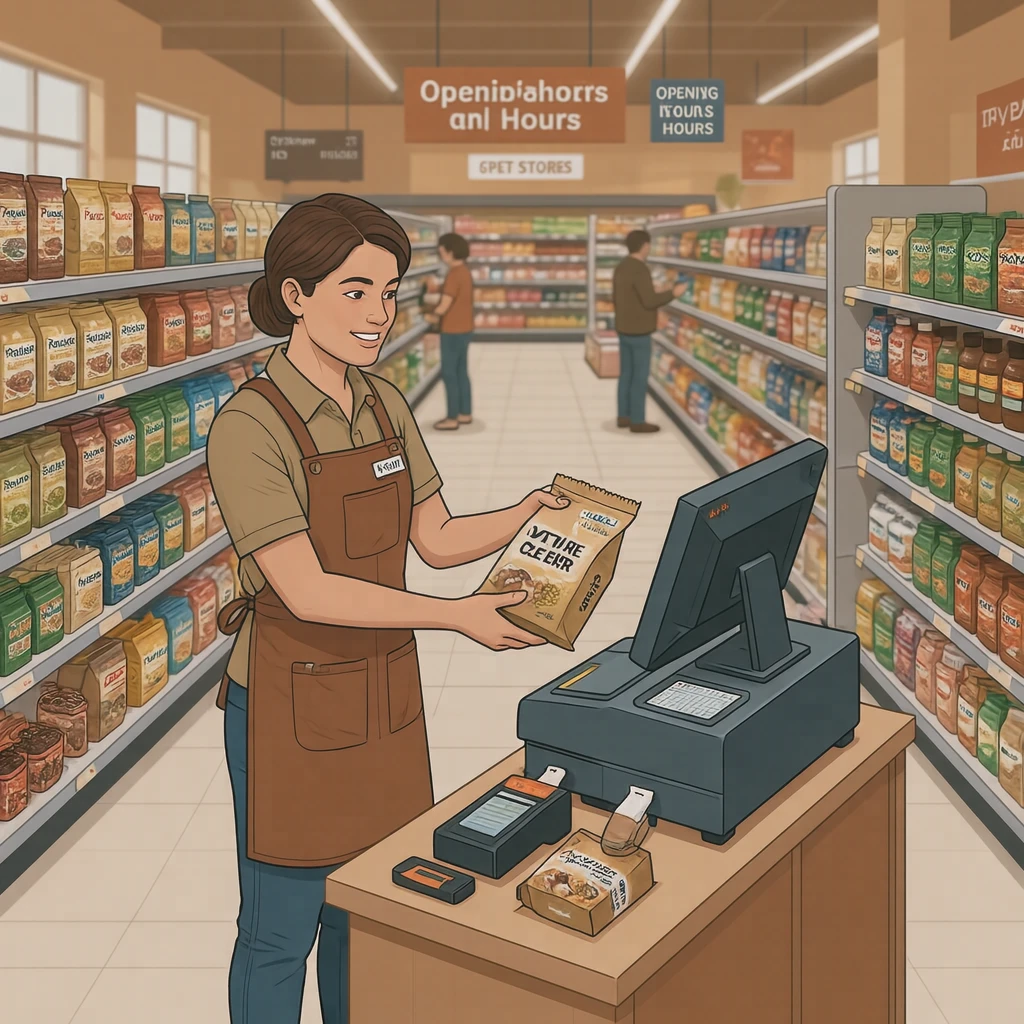 接客のスーパーでレジで商品を通す店員のイラスト（アイソメトリック）