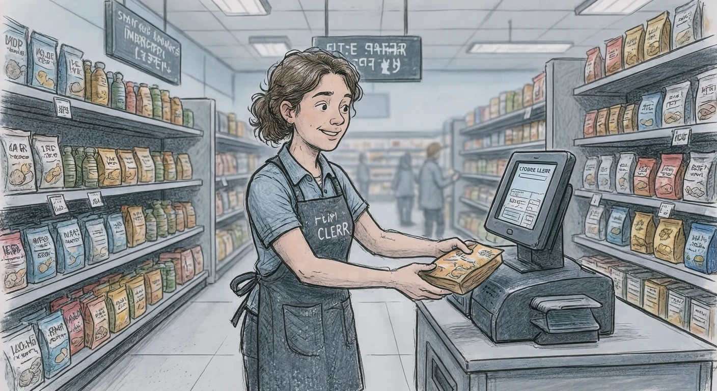 接客のスーパーでレジで商品を通す店員のイラスト（手描き風）