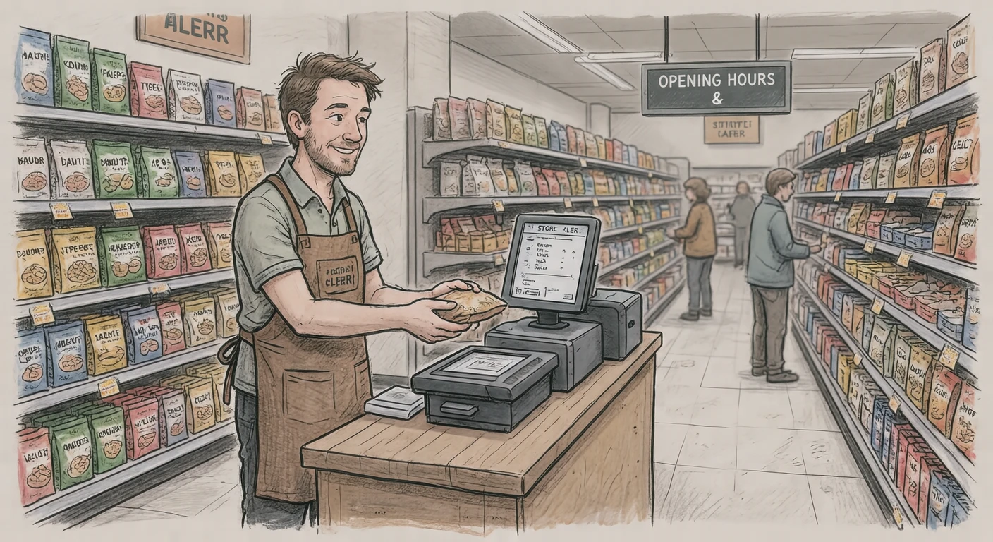 Illustration of one store clerk in a work apron standing at the checkout and passing an item over the scanner, in a bright supermarket aisle, during opening hours (hand-drawn)