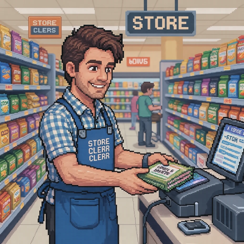 接客のスーパーでレジで商品を通す店員のイラスト（ドット絵）