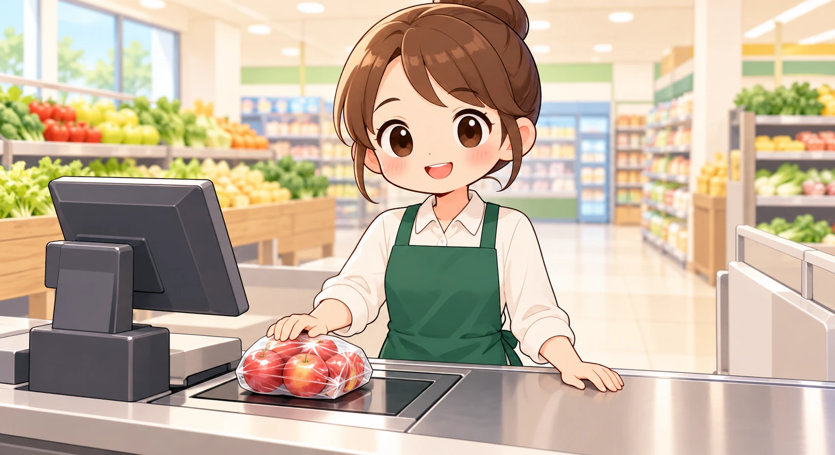 Illustration of one store clerk in a work apron standing at the checkout and passing an item over the scanner, in a bright supermarket aisle, during opening hours (chibi)