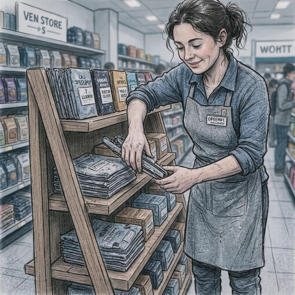 接客の百貨店で陳列を整える店員のイラスト（手描き風）