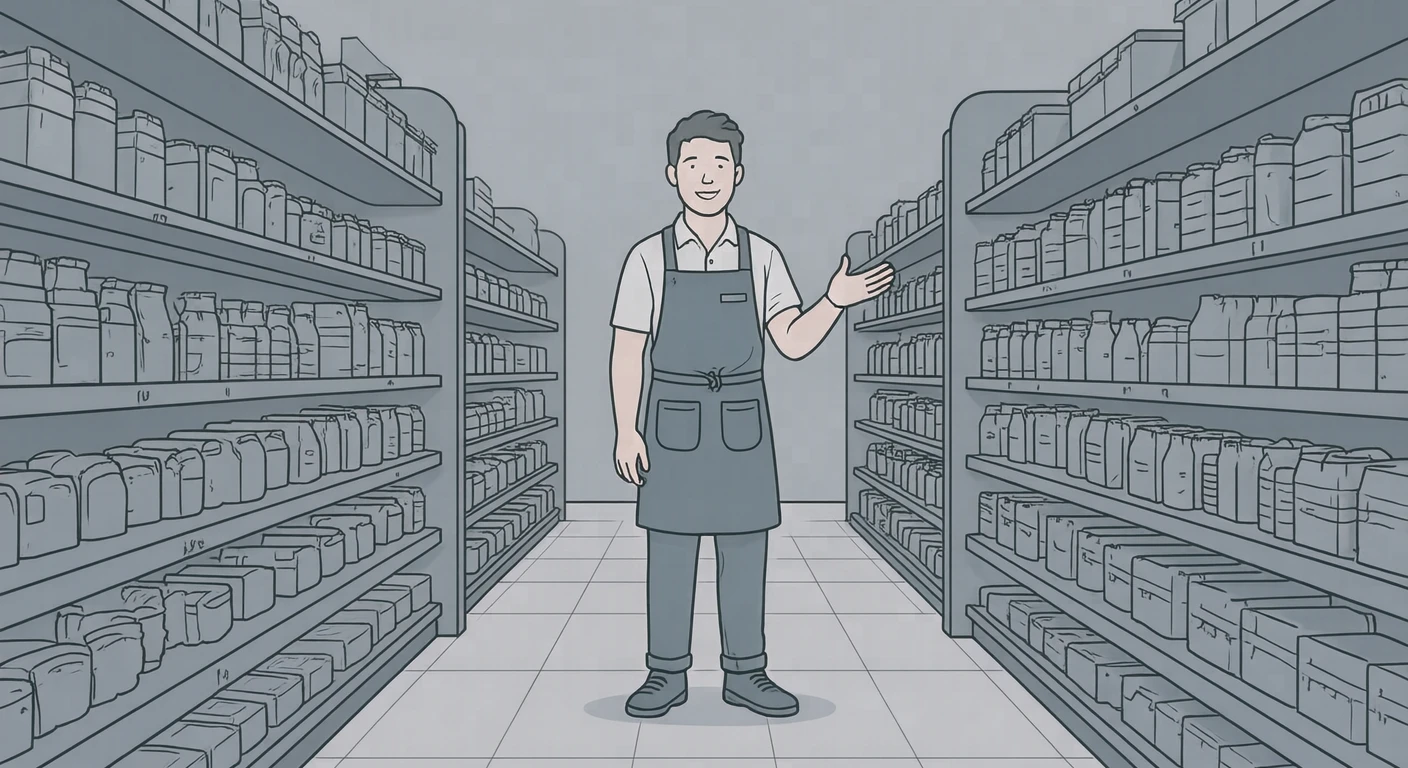 接客の百貨店で売り場を案内する店員のイラスト（シンプル線画）