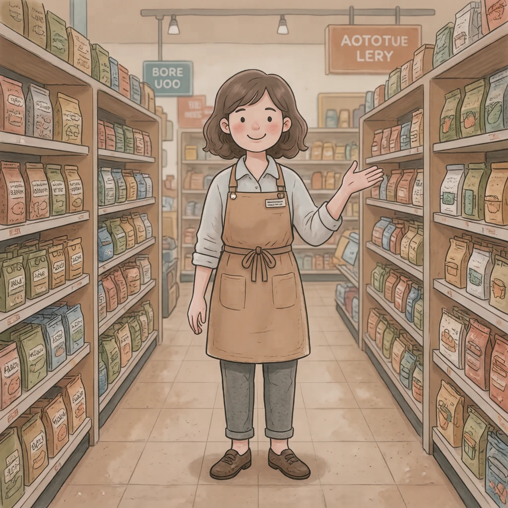 接客の百貨店で売り場を案内する店員のイラスト（ソフトパステル）