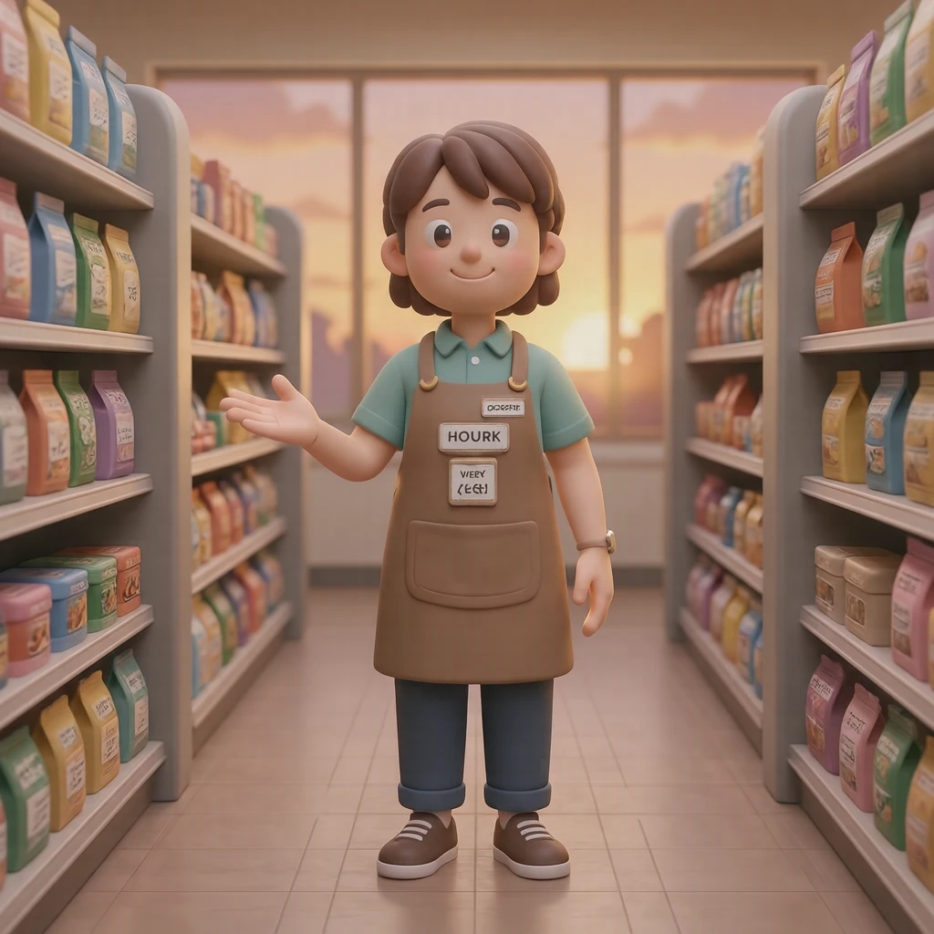 Illustration of one store clerk in a work apron standing in the aisle and showing the way with an open hand, on a department store floor, during opening hours (soft 3D)