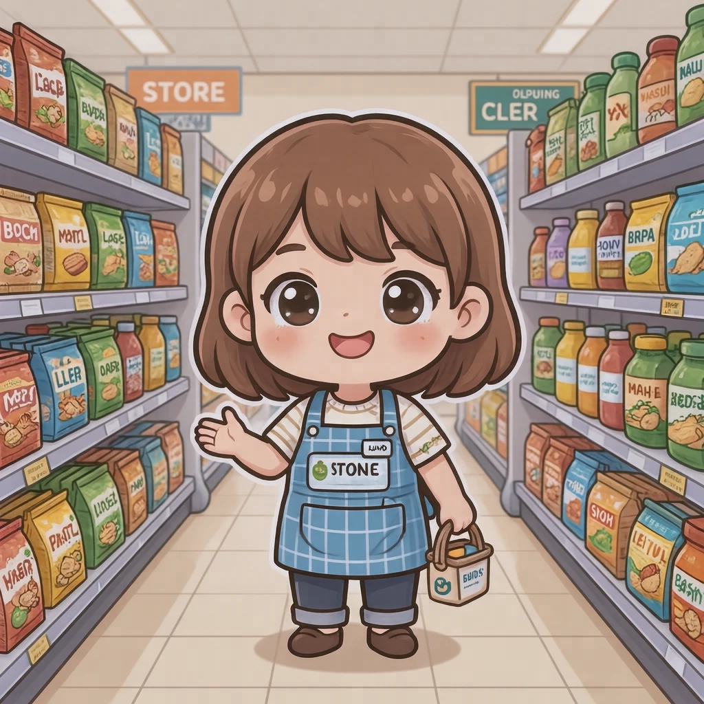 接客のスーパーで売り場を案内する店員のイラスト（デフォルメ）