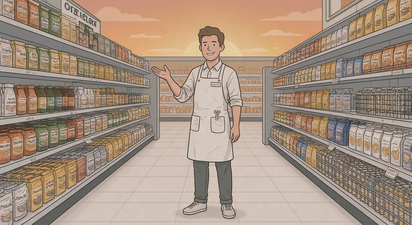 接客のスーパーで売り場を案内する店員のイラスト（シンプル線画）