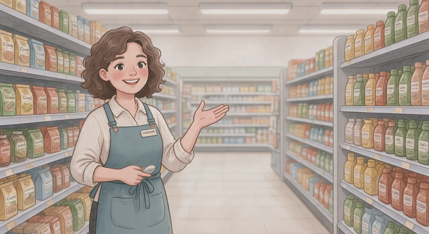 接客のスーパーで売り場を案内する店員のイラスト（ソフトパステル）
