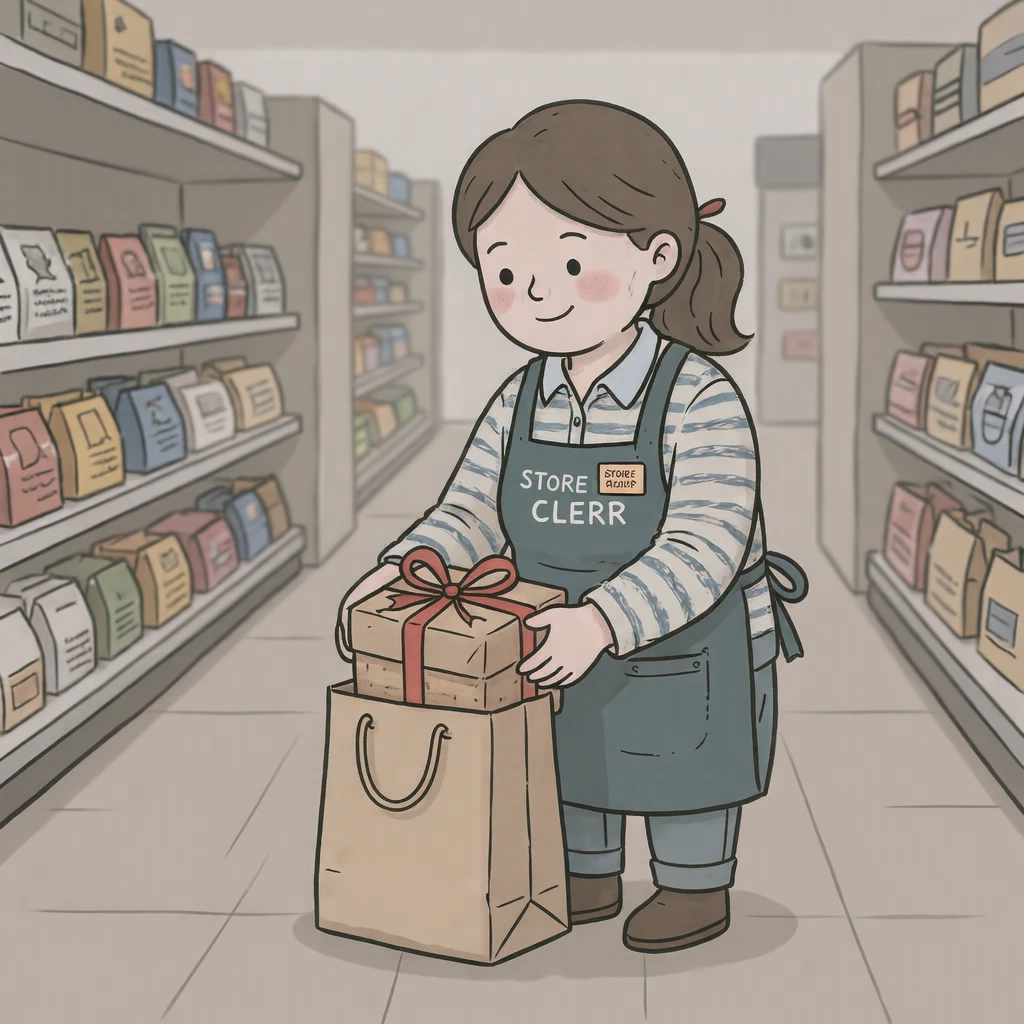 Illustration of one store clerk in a work apron placing a wrapped gift into a plain paper bag, on a department store floor, during opening hours (loose cartoon)