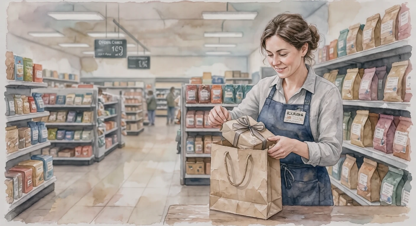 接客の百貨店で紙袋に入れる店員のイラスト（水彩）