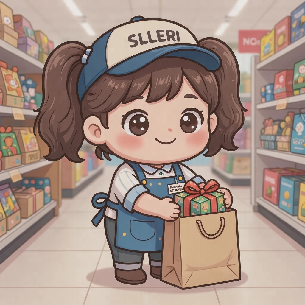 接客の百貨店で紙袋に入れる店員のイラスト（デフォルメ）