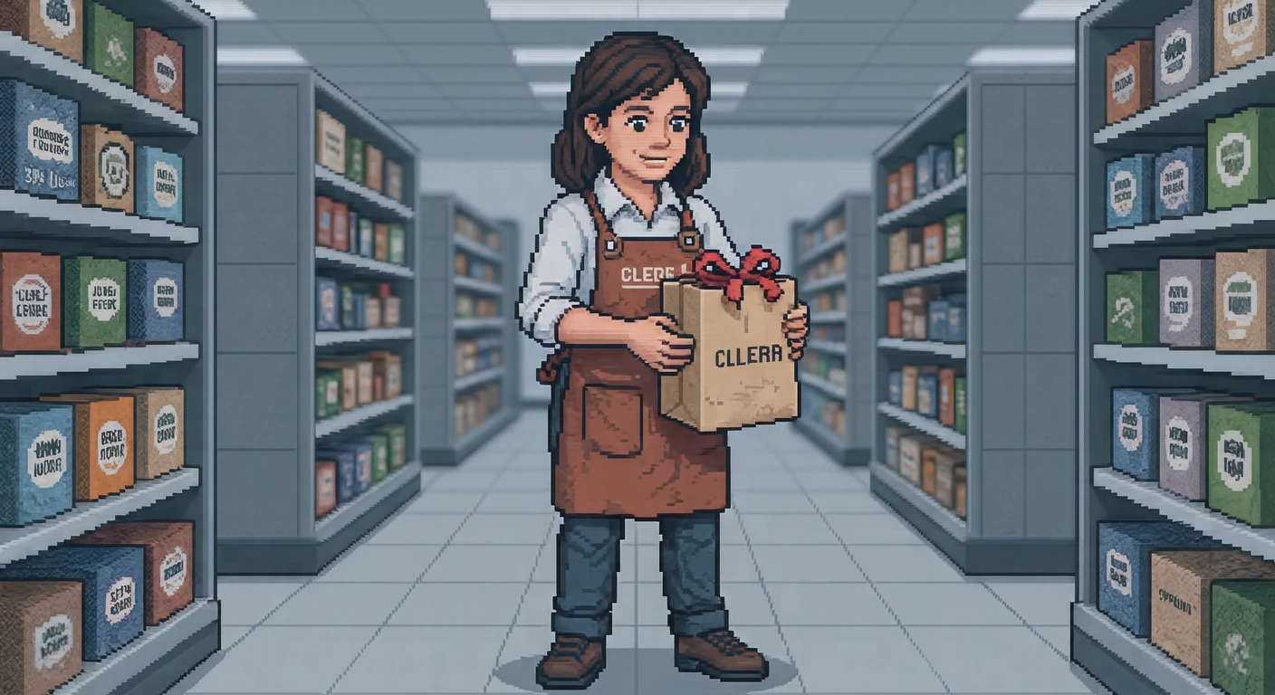 接客の百貨店で紙袋に入れる店員のイラスト（ドット絵）