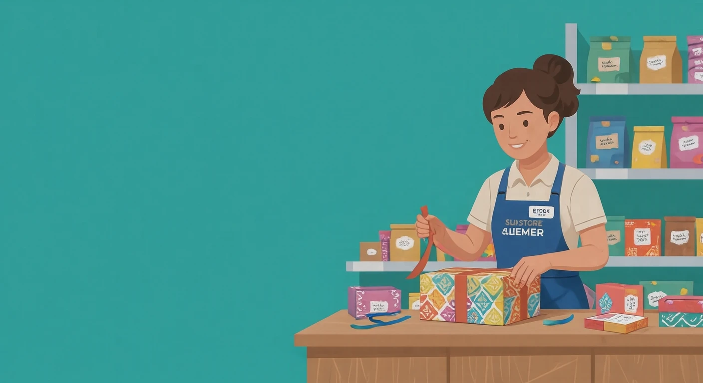 接客の百貨店で贈り物を包装する店員のイラスト（フラットイラスト）