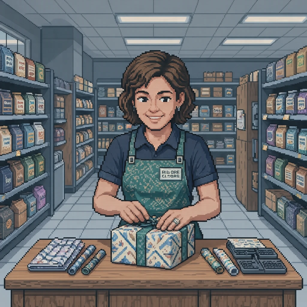 接客の百貨店で贈り物を包装する店員のイラスト（ドット絵）