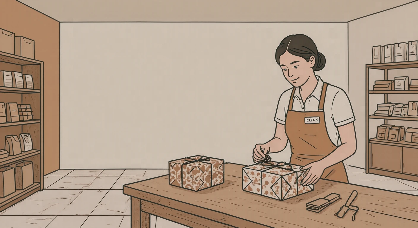 接客の百貨店で贈り物を包装する店員のイラスト（シンプル線画）