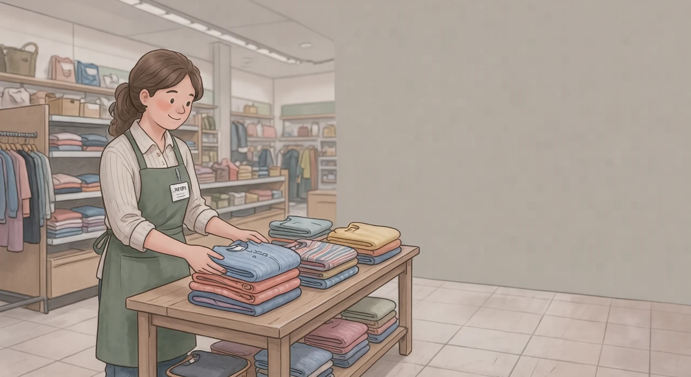 接客の百貨店で陳列台を整える店員のイラスト（ソフトパステル）