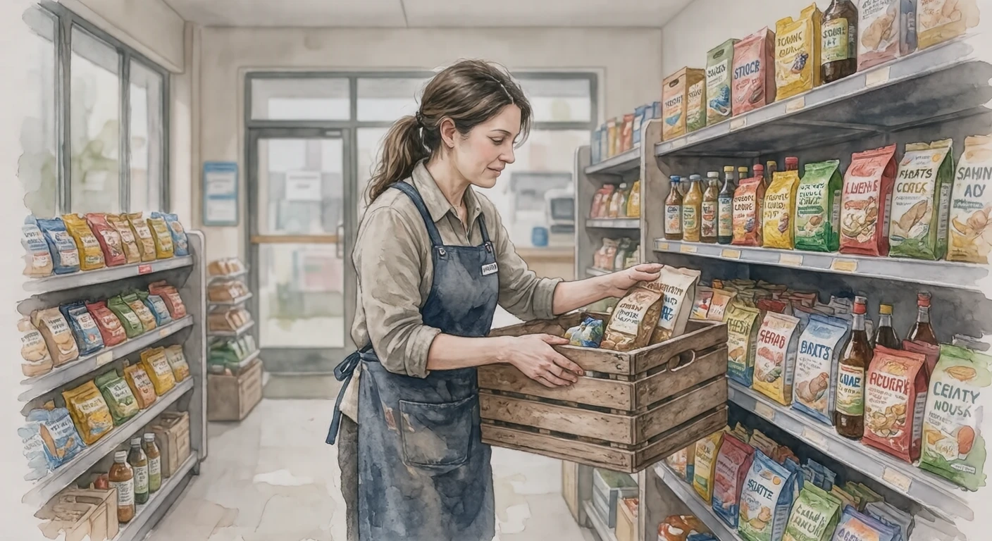 営業中のコンビニで棚に品出しする店員のイラスト（水彩）