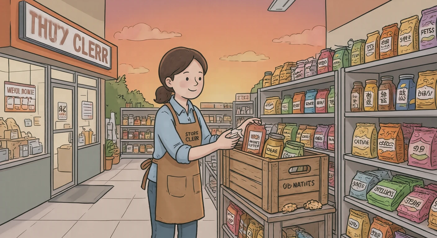 接客のコンビニで棚に品出しする店員のイラスト（ゆるいイラスト）