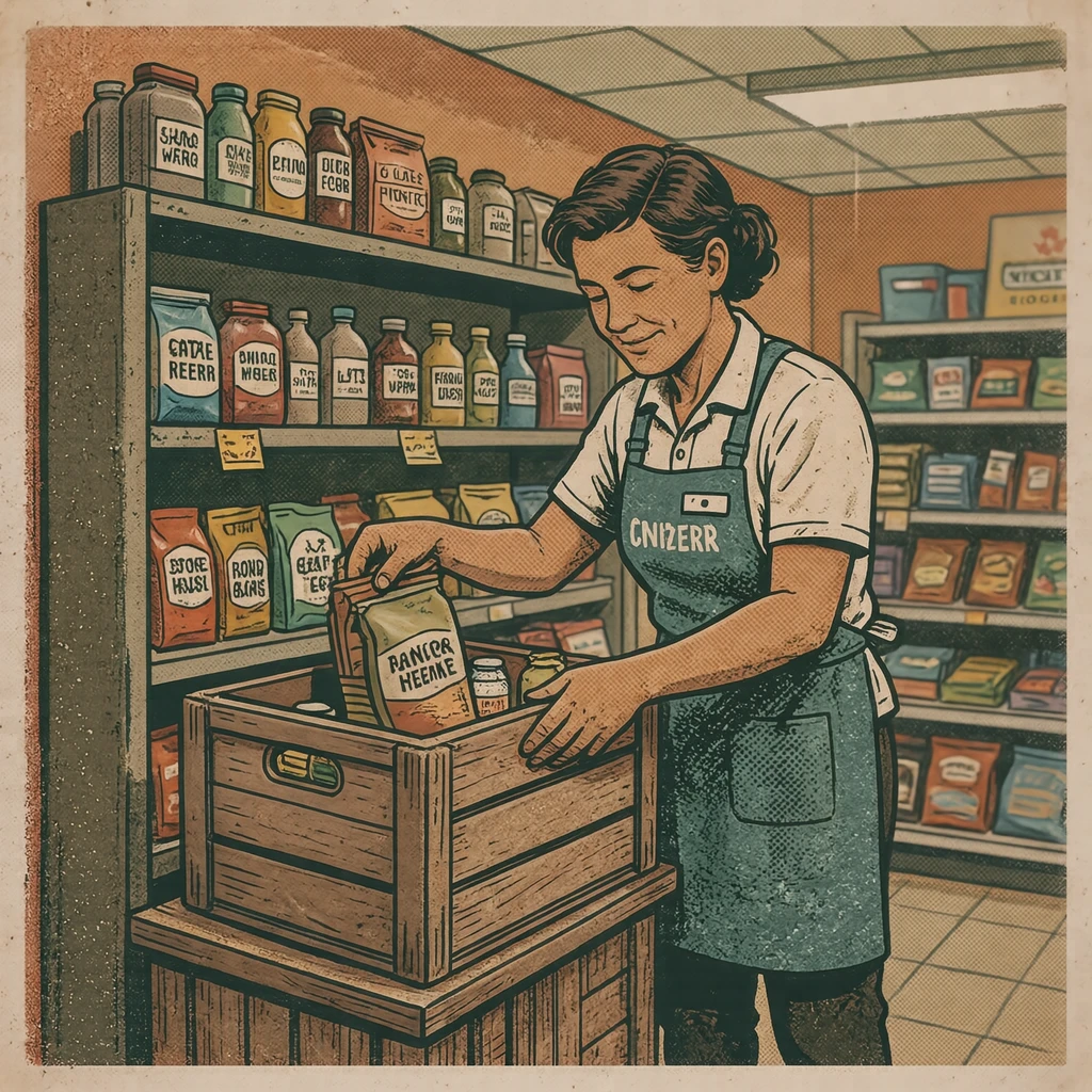 営業中のコンビニで棚に品出しする店員のイラスト（レトロ印刷）