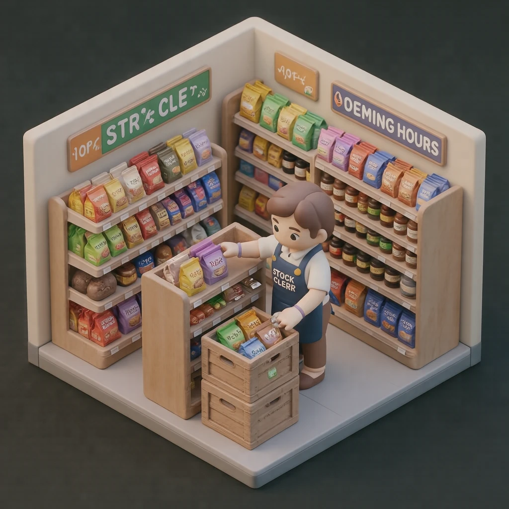 接客のコンビニで棚に品出しする店員のイラスト（ソフト3D）