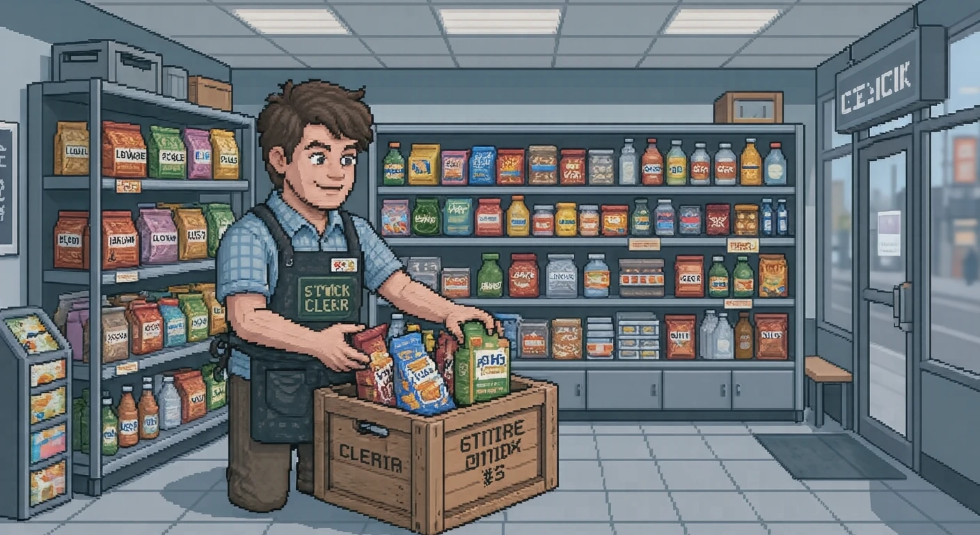 営業中のコンビニで棚に品出しする店員のイラスト（ドット絵）