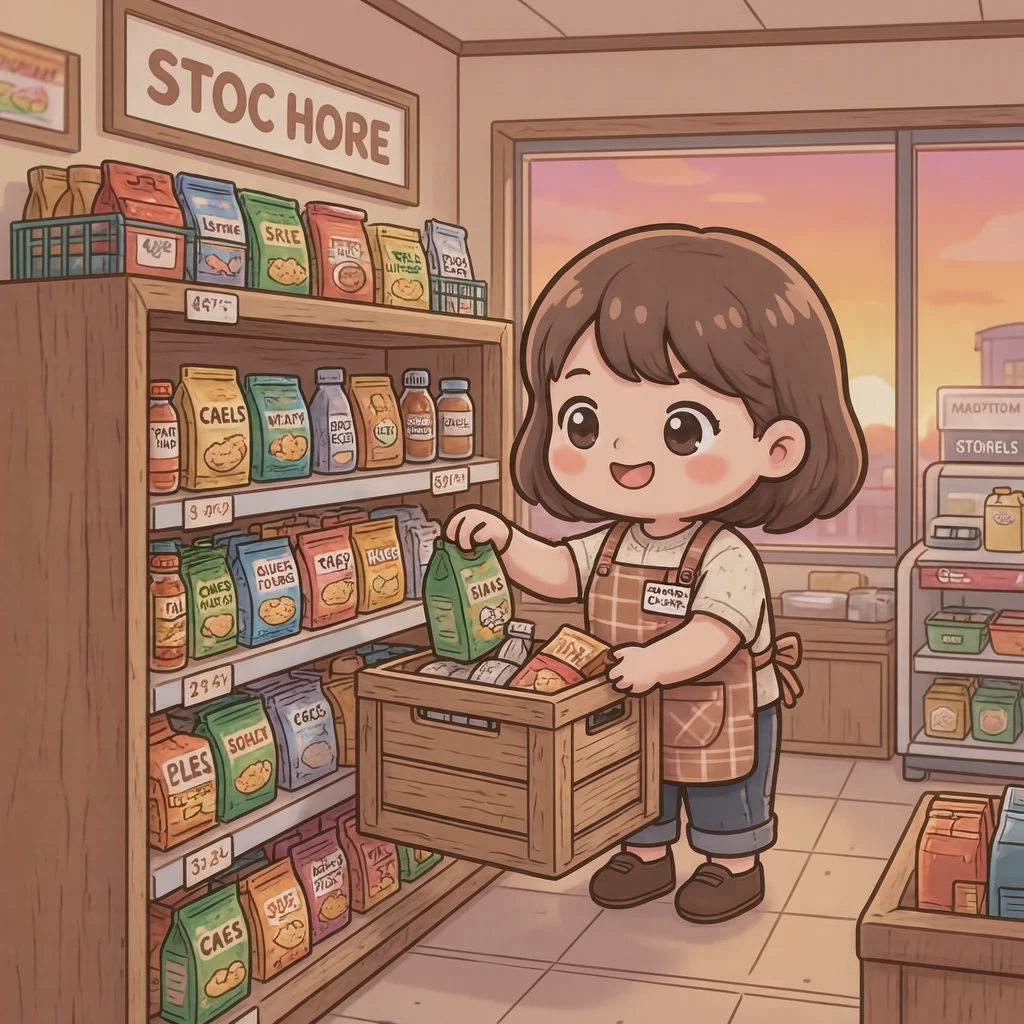 営業中のコンビニで棚に品出しする店員のイラスト（デフォルメ）