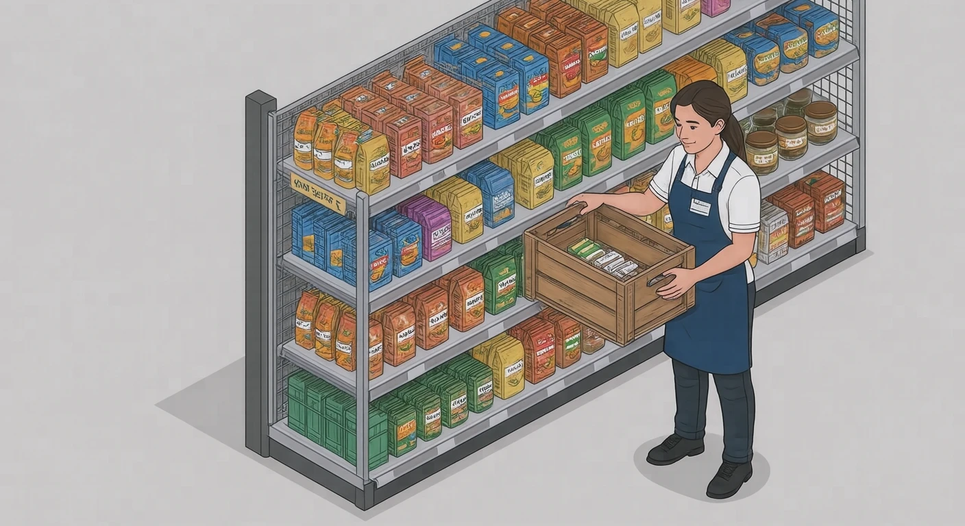 接客のスーパーで棚に品出しする店員のイラスト（アイソメトリック）