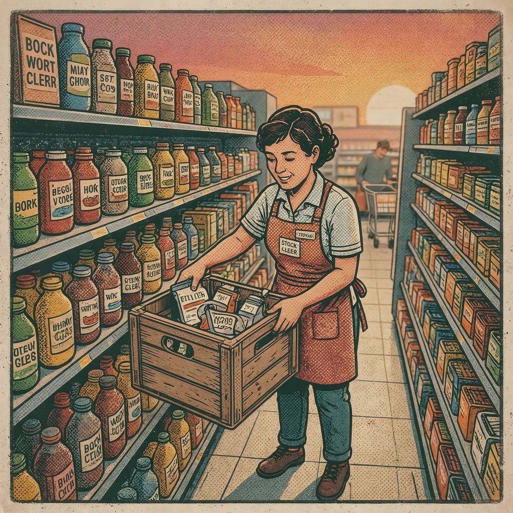 接客のスーパーで棚に品出しする店員のイラスト（レトロ印刷）