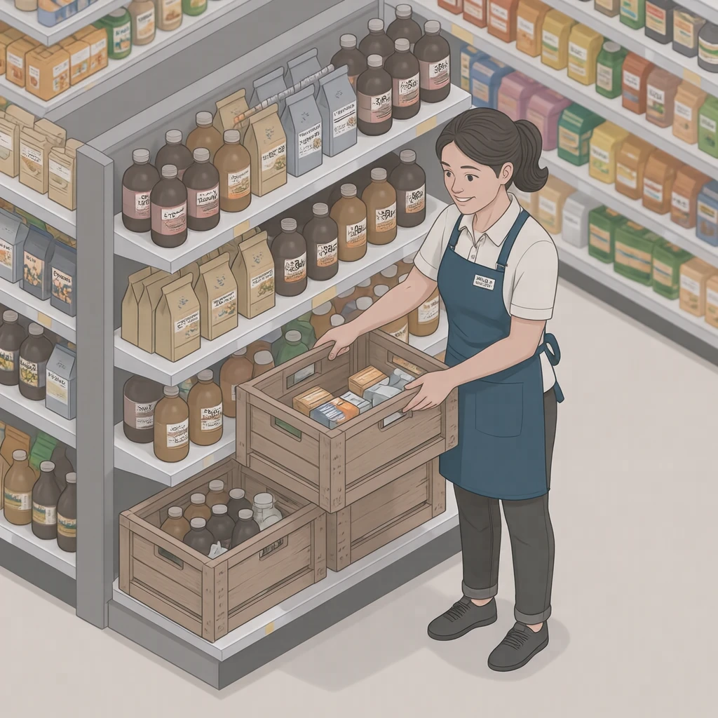 接客のスーパーで棚に品出しする店員のイラスト（アイソメトリック）
