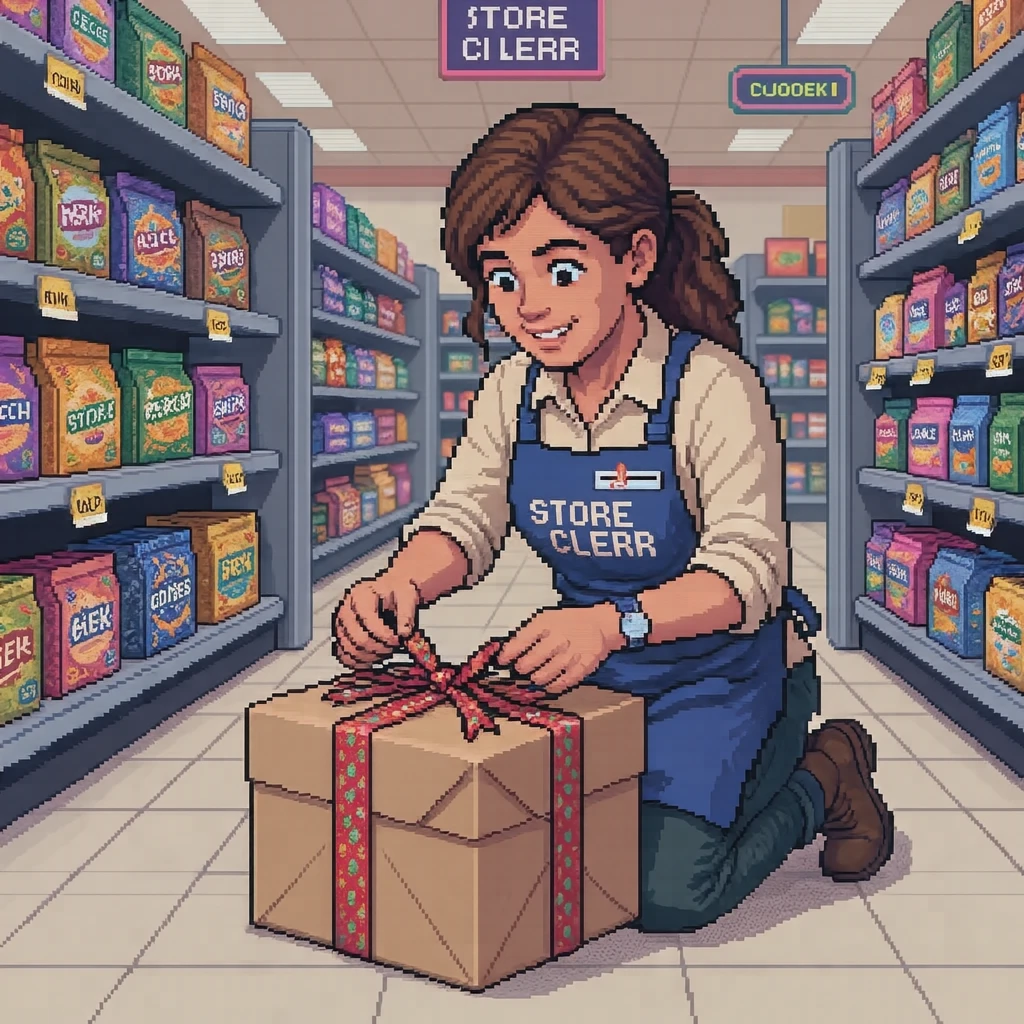 接客の百貨店でリボンを結ぶ店員のイラスト（ドット絵）