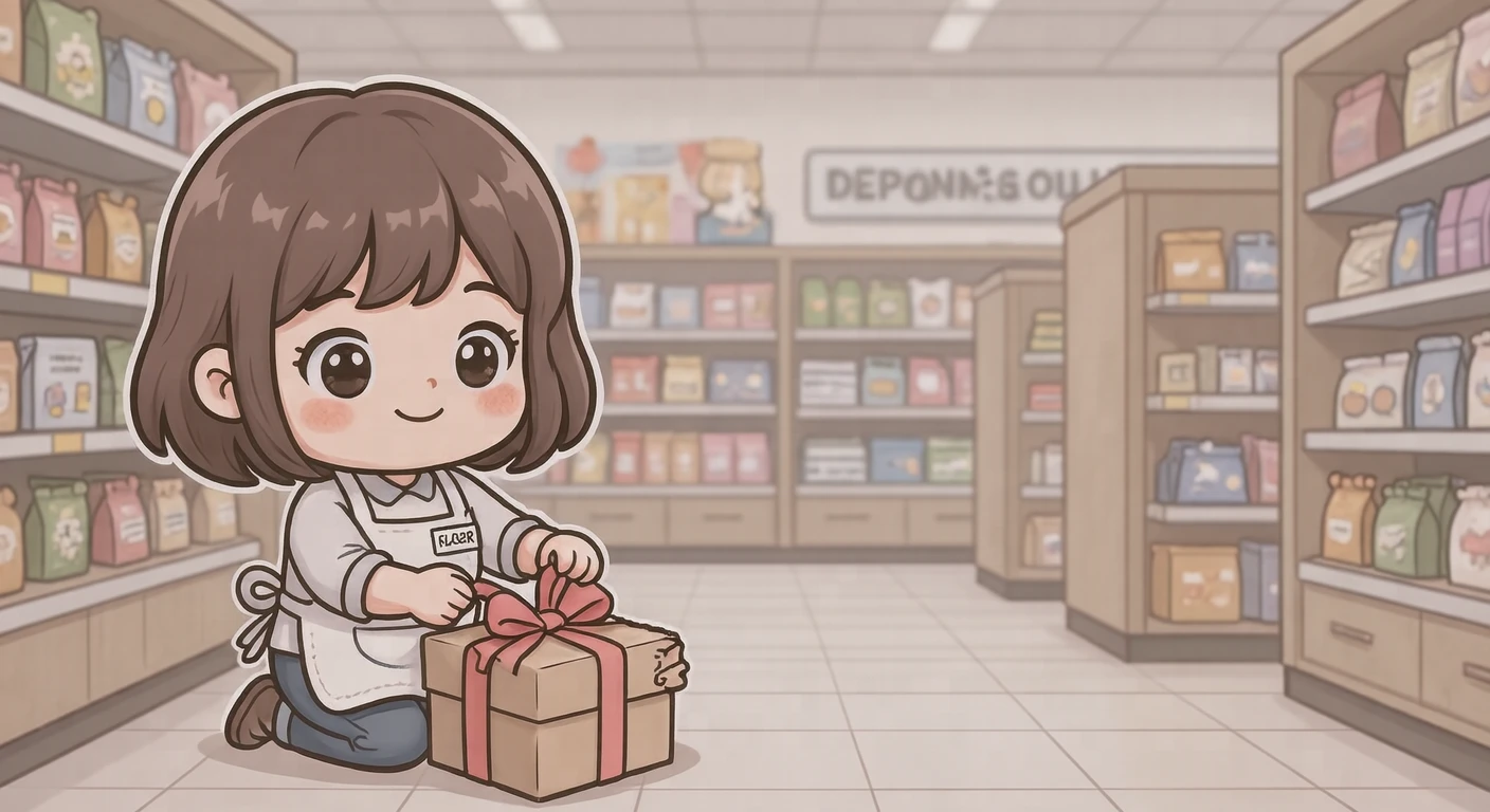 接客の百貨店でリボンを結ぶ店員のイラスト（デフォルメ）