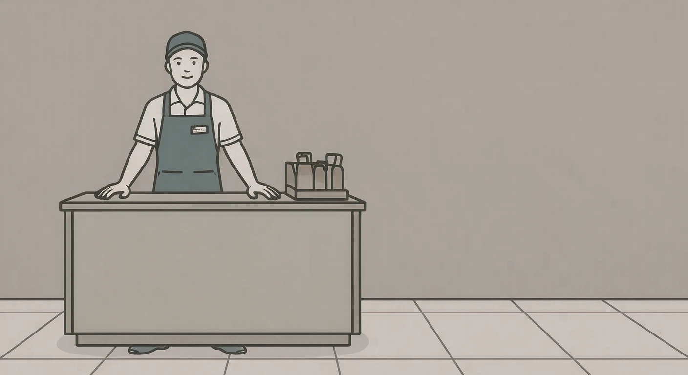 接客の百貨店でレジカウンターに立つ店員のイラスト（シンプル線画）