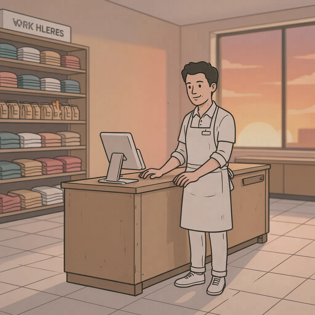 接客の百貨店でレジカウンターに立つ店員のイラスト（シンプル線画）