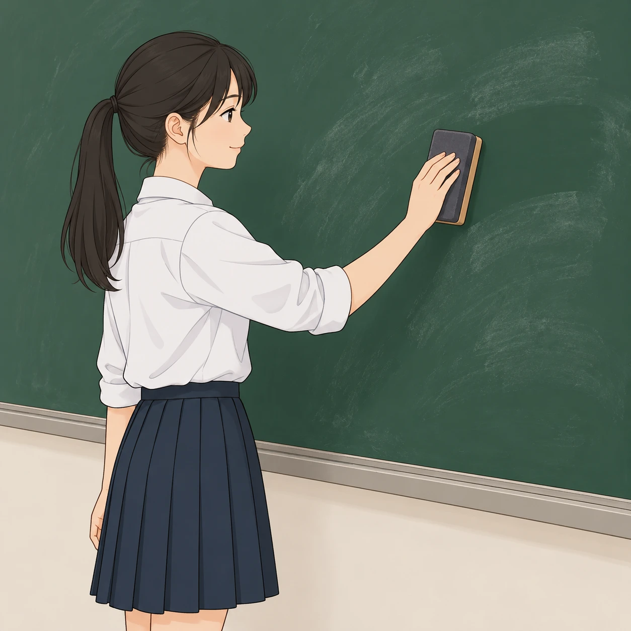 칠판지우개로 칠판을 지우는 학생 일러스트 (심플 라인아트)
