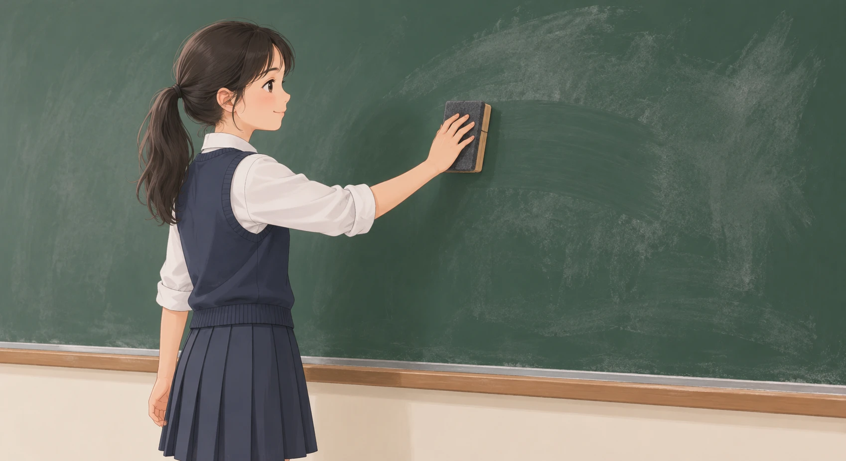 칠판지우개로 칠판을 지우는 학생 일러스트 (소프트 파스텔)