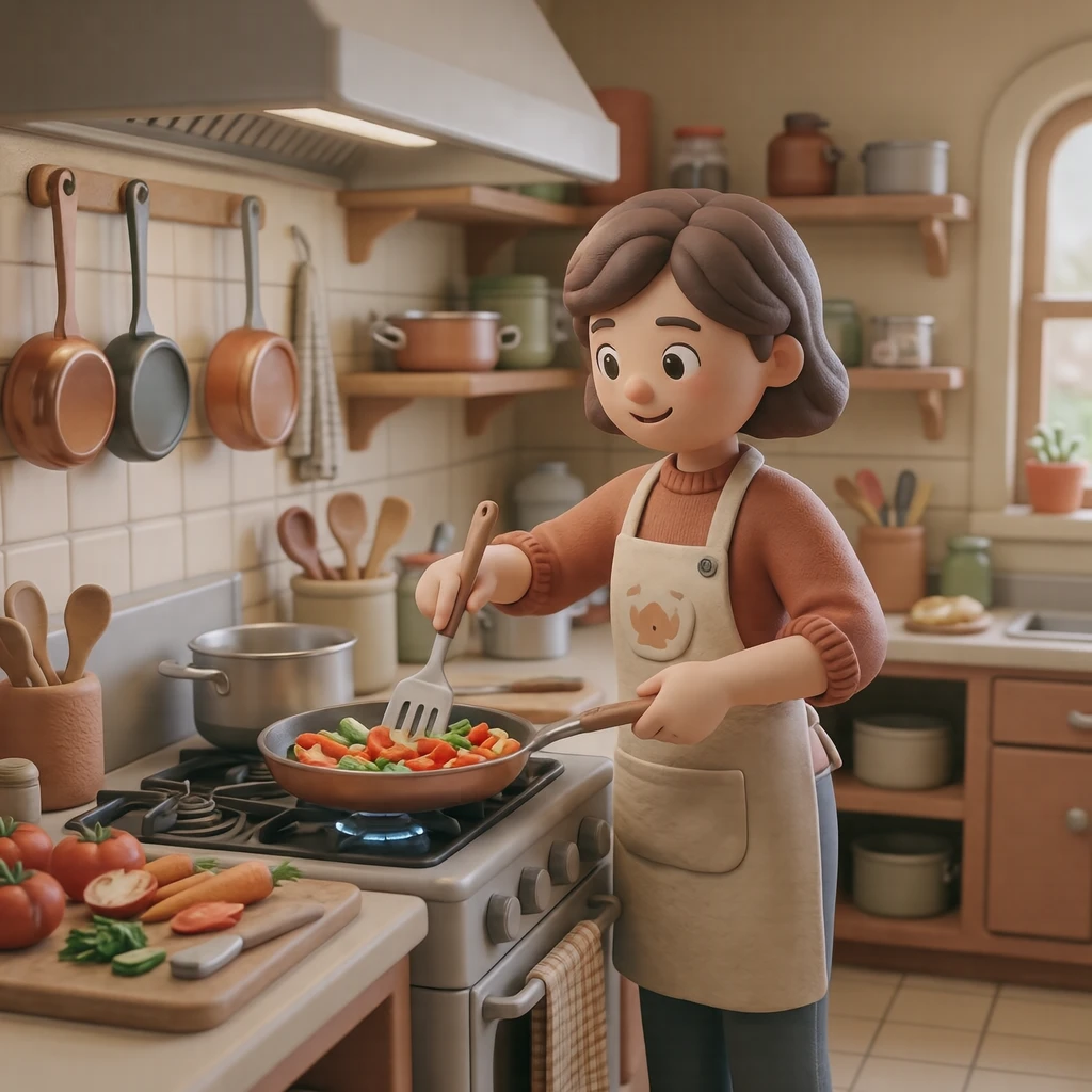 調理室でフライパンを使って炒め物をする生徒のイラスト(ソフト3D)