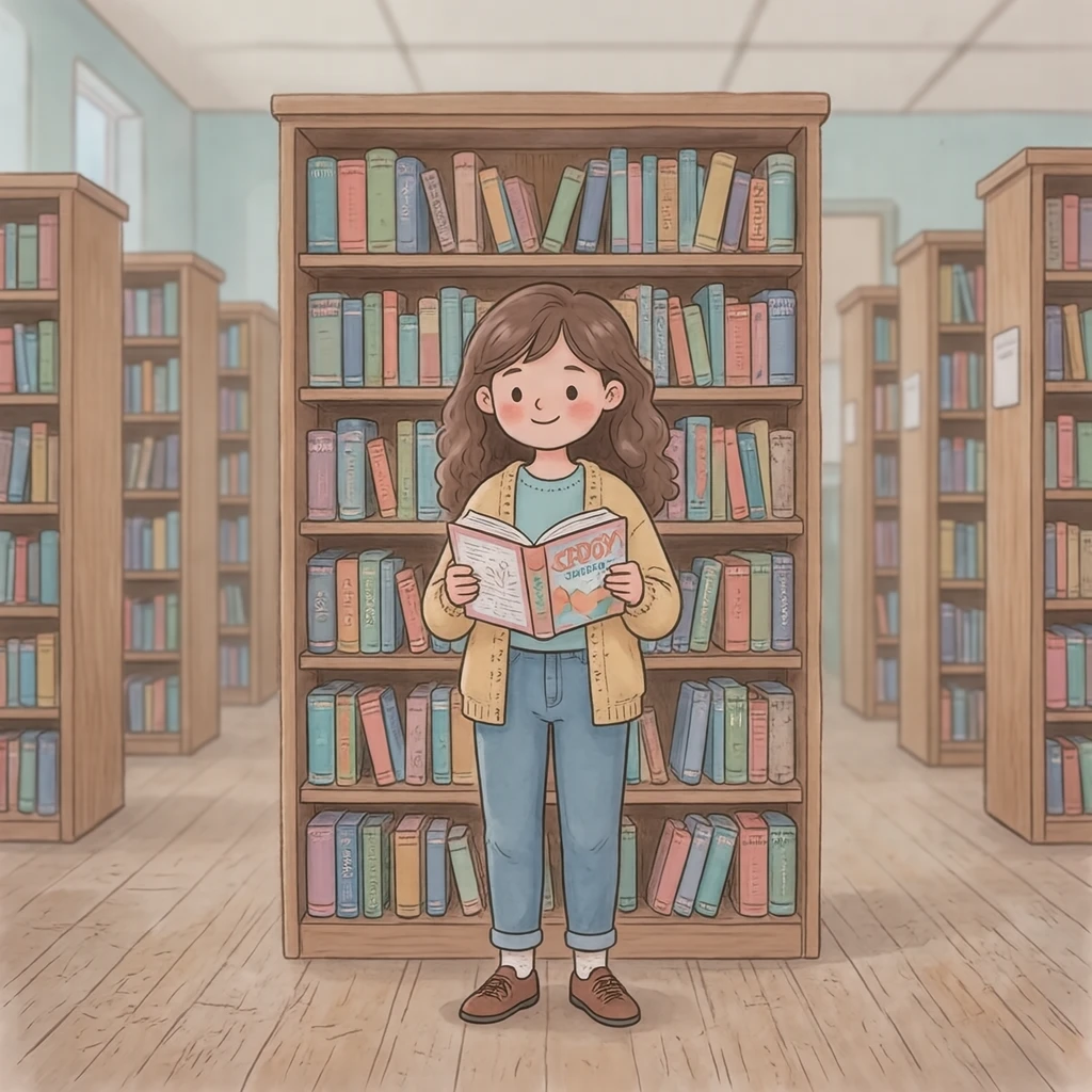 図書室で本を読む生徒のイラスト（ソフトパステル）