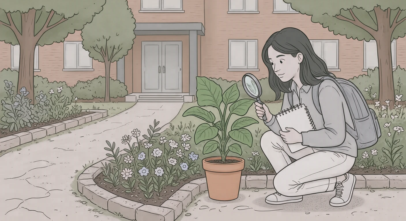 虫眼鏡で植物を観察する生徒のイラスト(シンプル線画)