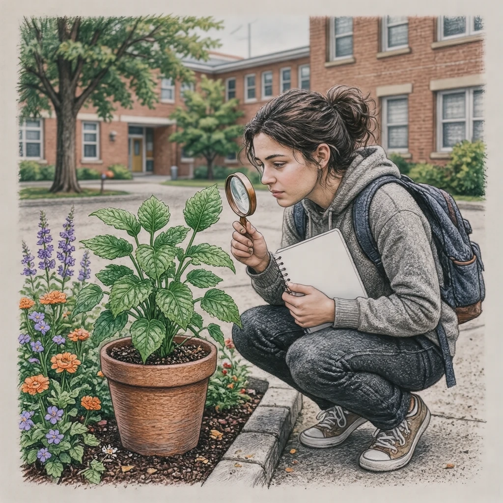 虫眼鏡で植物を観察する生徒のイラスト(色鉛筆)