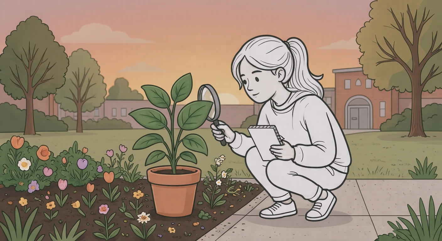 虫眼鏡で植物を観察する生徒のイラスト(シンプル線画)