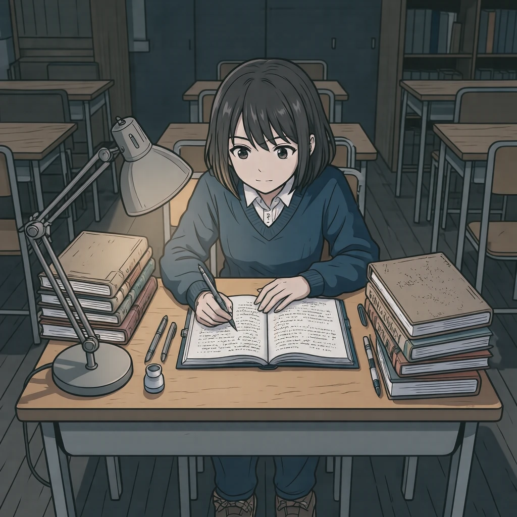 机で勉強する学生のイラスト（アニメ塗り）
