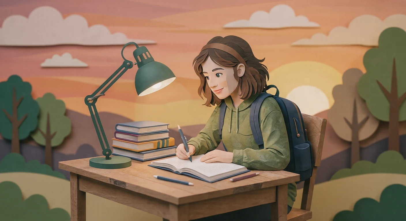 机で勉強する学生のイラスト（切り絵）