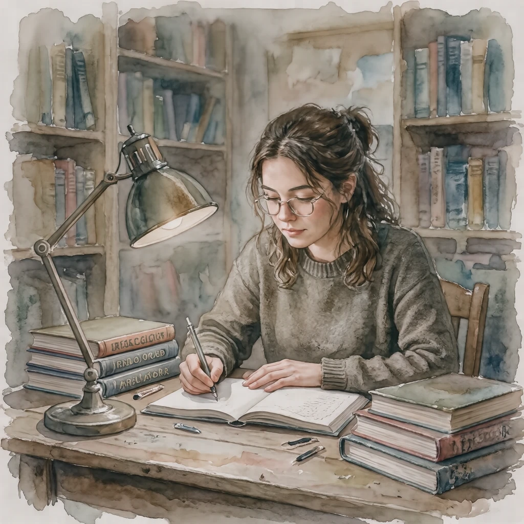 机で勉強する学生のイラスト（水彩）