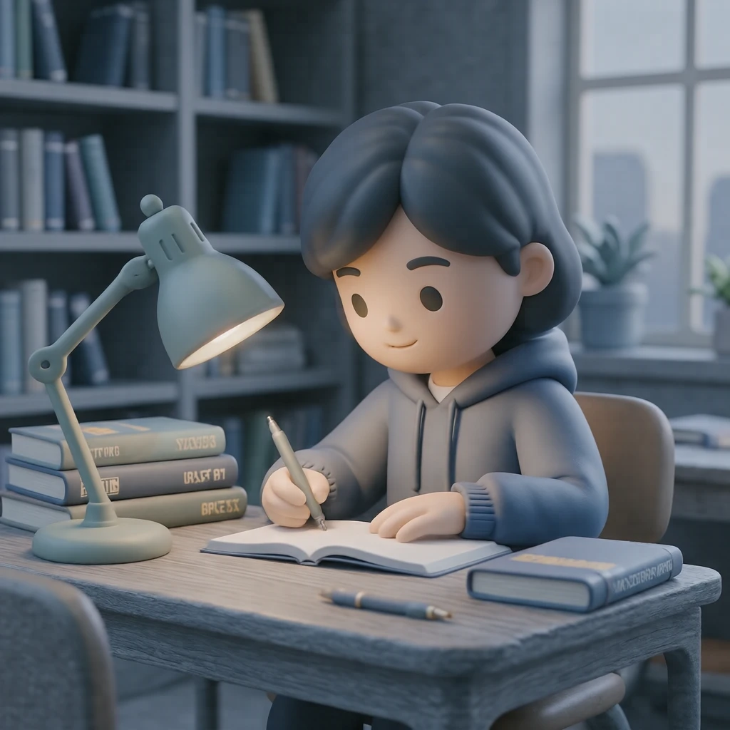 机で勉強する学生のイラスト（ソフト3D）
